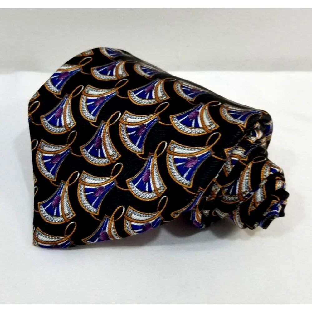 Christian Dior Cravate Mens Necktie Silk Tie Black Blue Abstract Geometric Fan P
